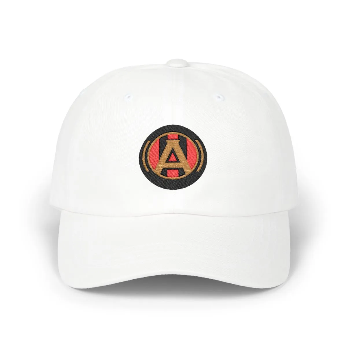Atlanta Soccer embroidered dad cap in Black, Old Gold & Red, front view