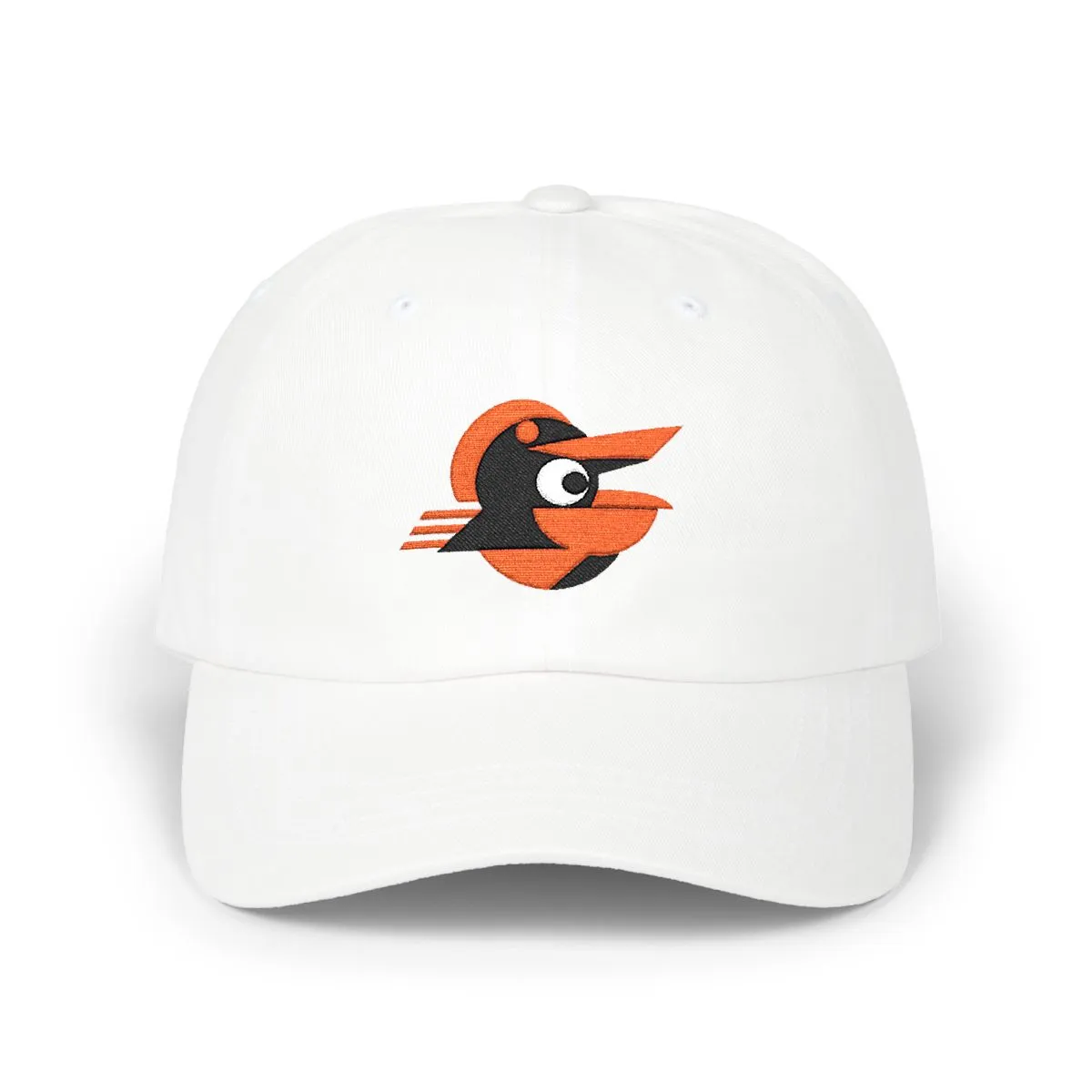 Baltimore Baseball embroidered dad cap in Orange, Black & White, front view