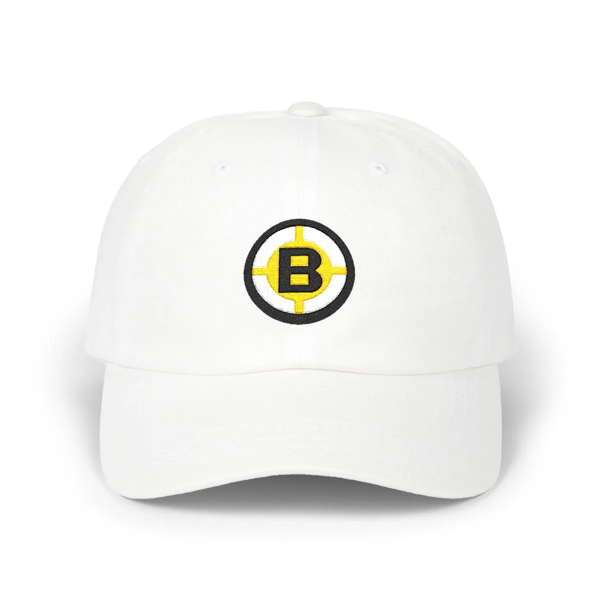 Boston Hockey embroidered dad cap in Black, White & Gold, front view