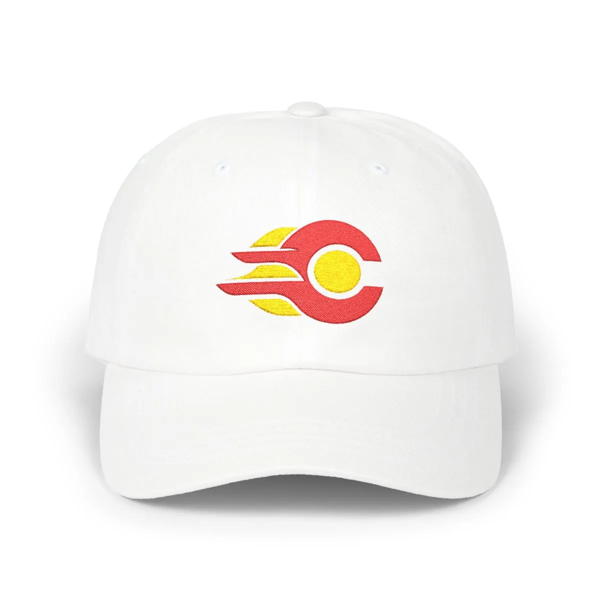 Calgary Hockey embroidered dad cap in Red & Gold, front view