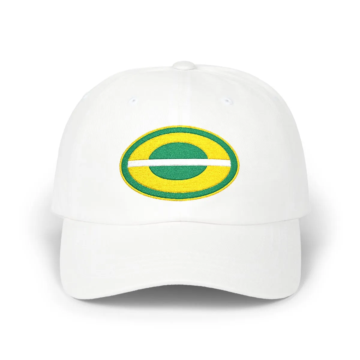 Green Bay Football embroidered dad cap in Gold, Kelly Green & White, front view