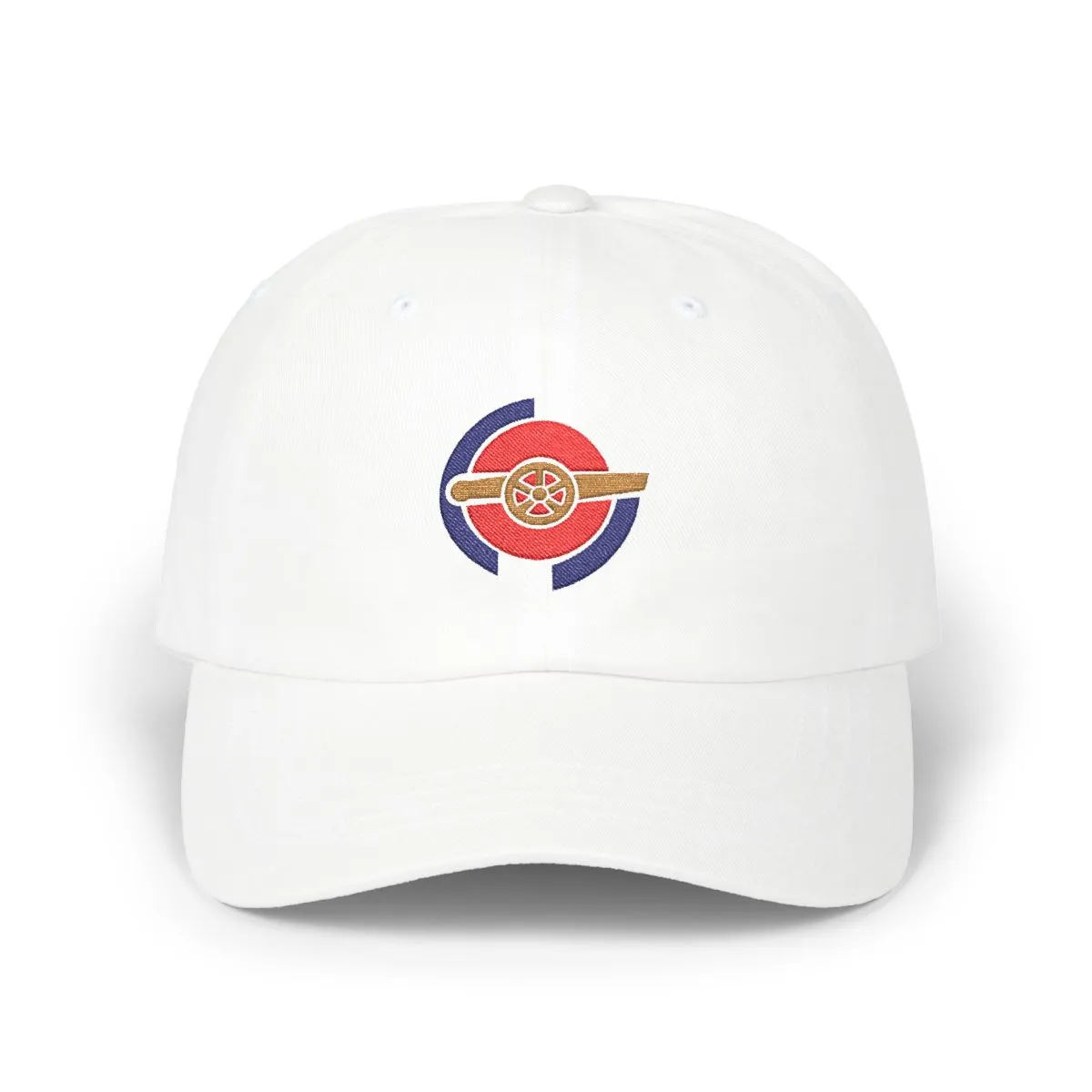 London Soccer embroidered dad cap in Red, Navy & Old Gold, front view