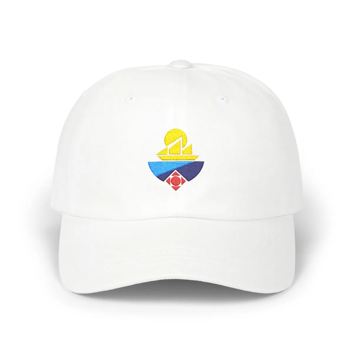 Manchester Soccer embroidered dad cap in Gold, Navy & Aqua, front view