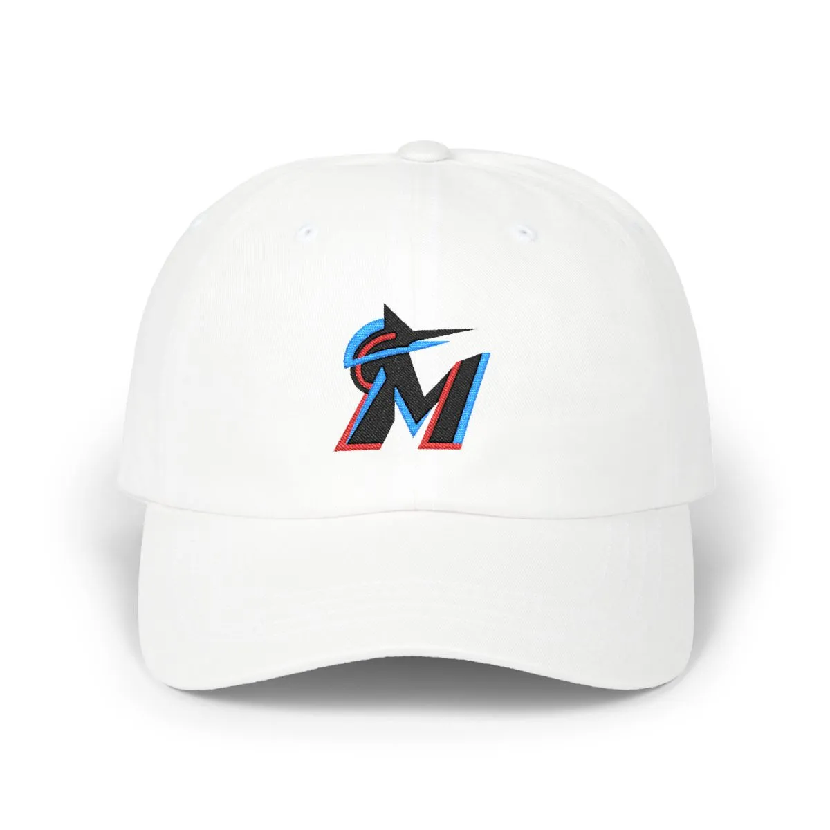 Miami Baseball embroidered dad cap in Black, Aqua & Red, front view