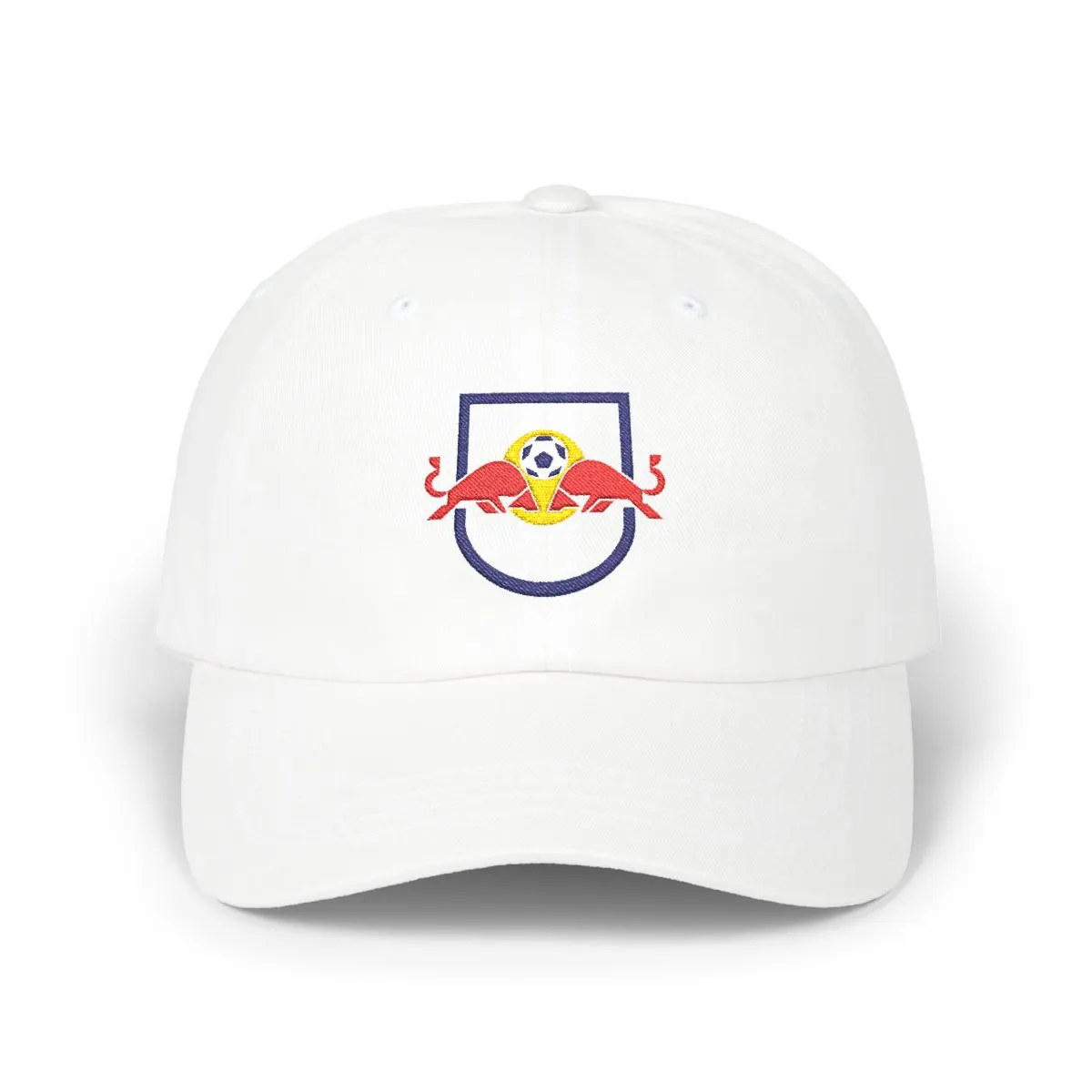 New York Soccer embroidered dad cap in Navy, Red & Gold, front view