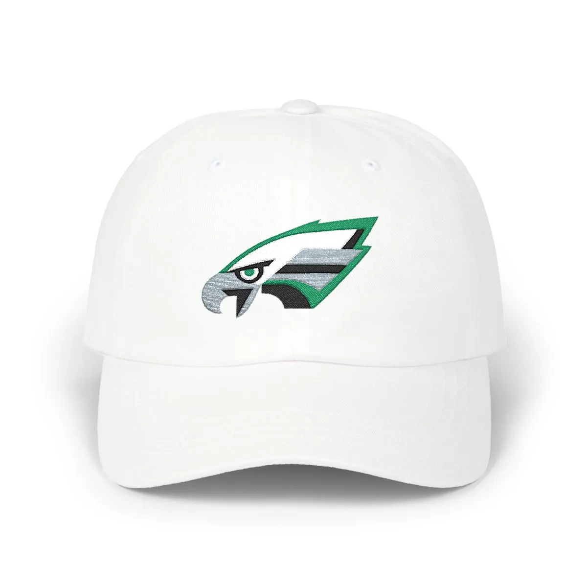 Philadelphia Football embroidered dad cap in Grey, Kelly Green & White, front view