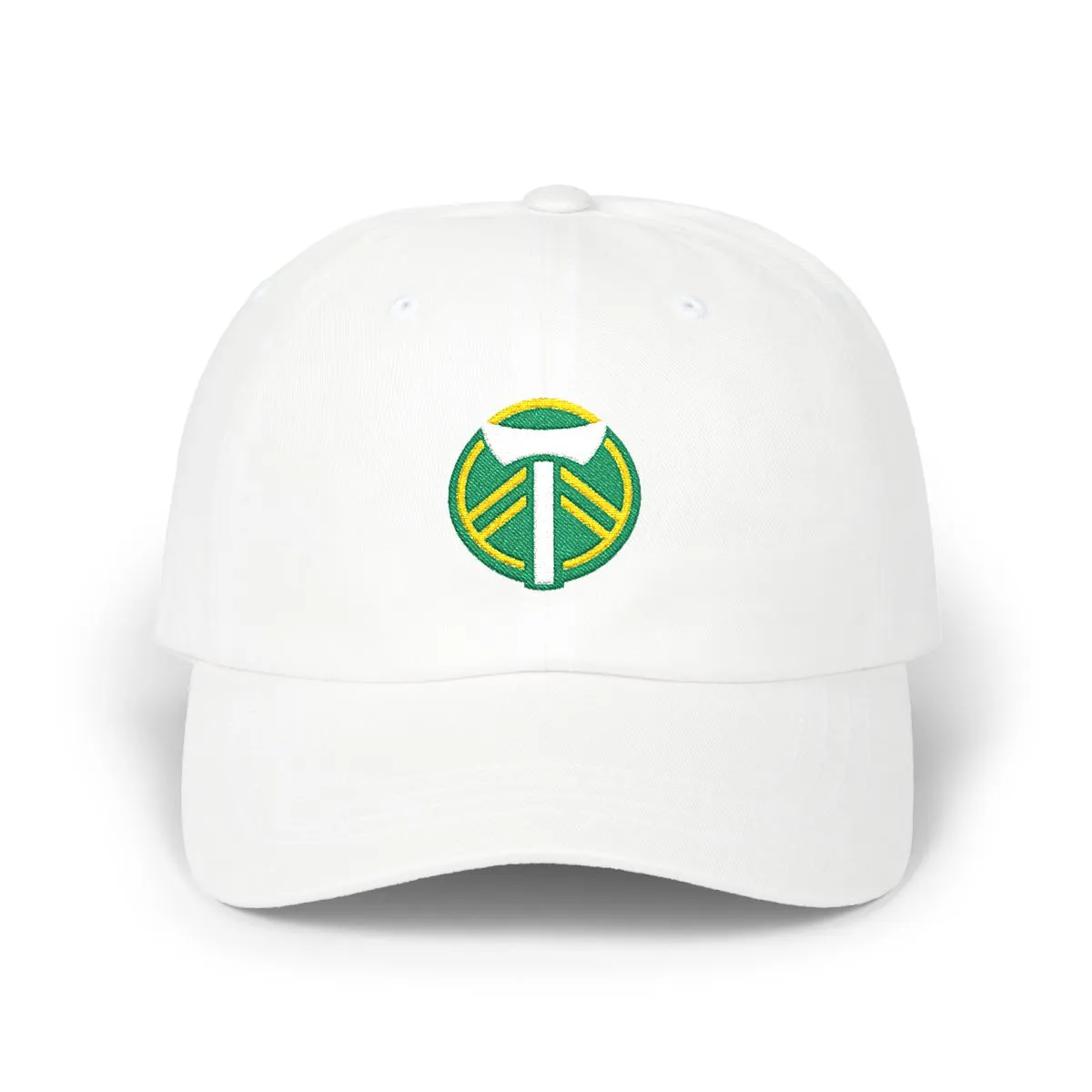 Portland Soccer embroidered dad cap in Kelly Green, White & Gold, front view