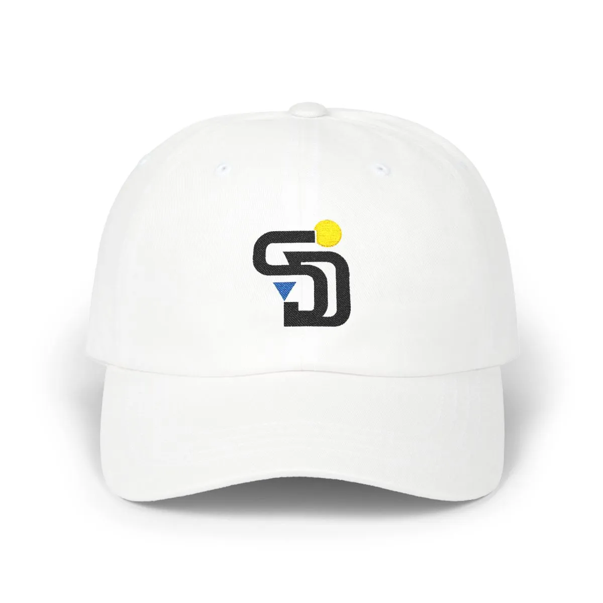 San Diego Baseball embroidered dad cap in Black, Gold & Royal, front view