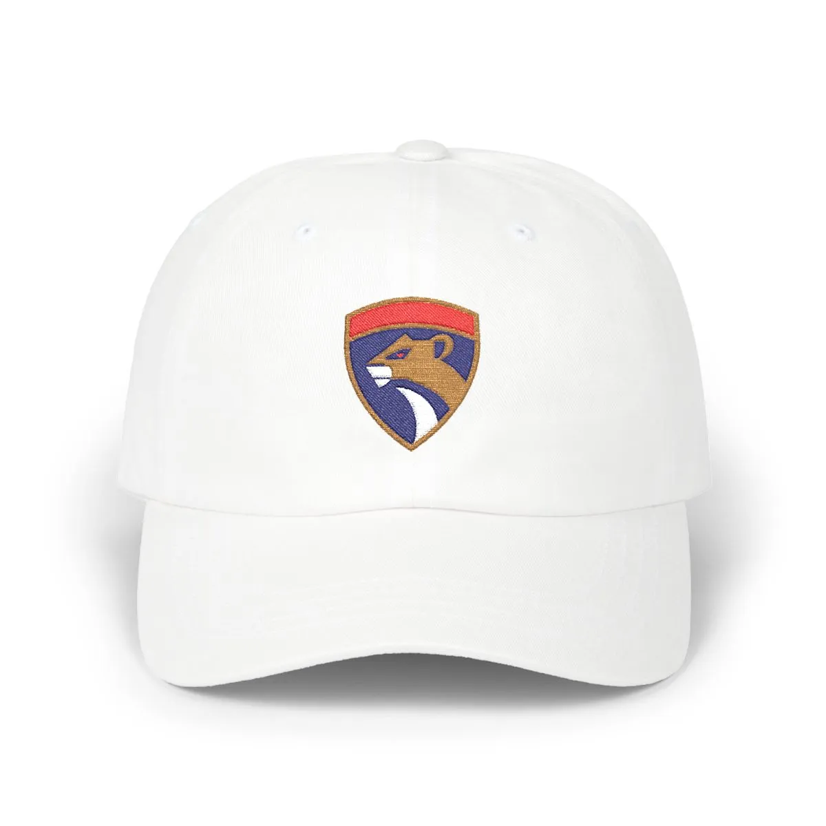 South Florida Hockey embroidered dad cap in Old Gold, Navy & Red, front view